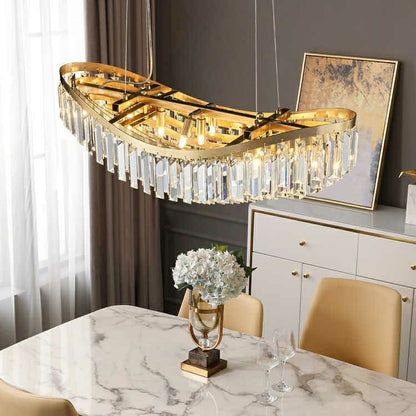 Boat Shaped LED Crystal Chandelier Oval Ceiling Light Fixture For Living/ Dining Room Table In Brass Finish-Nobipets
