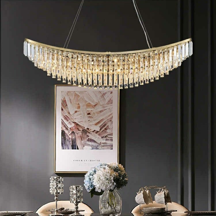 Boat Shaped LED Crystal Chandelier Oval Ceiling Light Fixture For Living/ Dining Room Table In Brass Finish-Nobipets