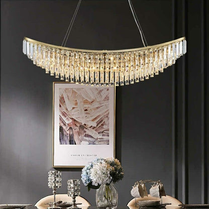 Boat Shaped LED Crystal Chandelier Oval Ceiling Light Fixture For Living/ Dining Room Table In Brass Finish-Nobipets