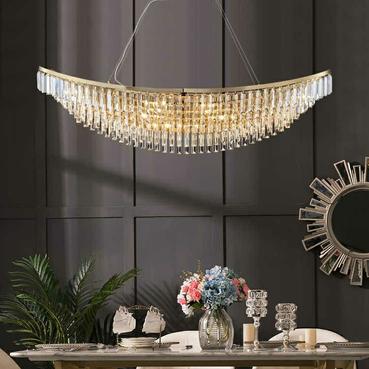 Boat Shaped LED Crystal Chandelier Oval Ceiling Light Fixture For Living/ Dining Room Table In Brass Finish-Nobipets