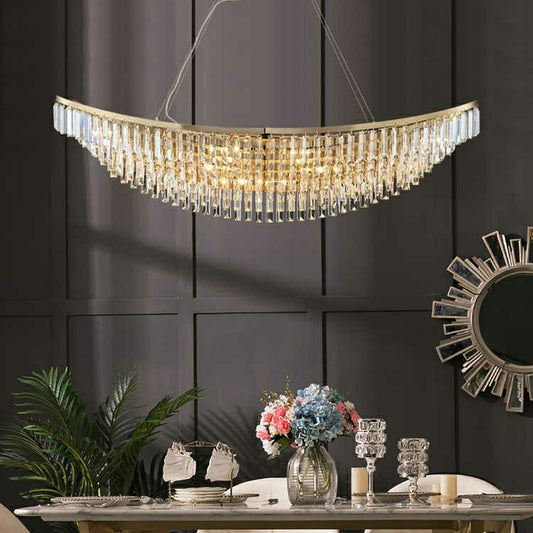 Boat Shaped LED Crystal Chandelier Oval Ceiling Light Fixture For Living/ Dining Room Table In Brass Finish-Nobipets