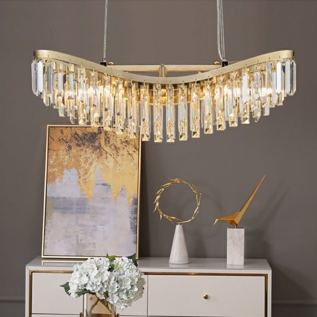 Boat Shaped LED Crystal Chandelier Oval Ceiling Light Fixture For Living/ Dining Room Table In Brass Finish-Nobipets