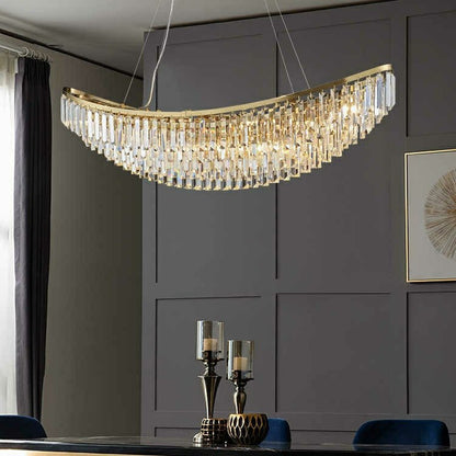 Boat Shaped LED Crystal Chandelier Oval Ceiling Light Fixture For Living/ Dining Room Table In Brass Finish-Nobipets