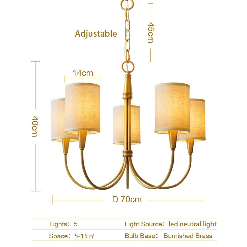 Brass Chandelier|Mid Century Ceiling Fixtures Light|Fabric Shades Adjustable Chain Pendant-Nobipets
