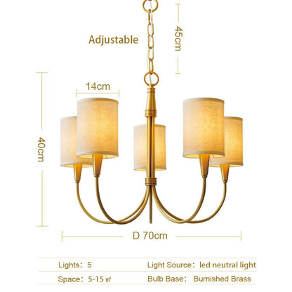 Brass Chandelier|Mid Century Ceiling Fixtures Light|Fabric Shades Adjustable Chain Pendant-Nobipets