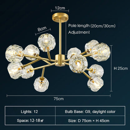 Brass Sputnik Chandelier With K9 Crystals Modern Ceiling Light Fixture-Nobipets