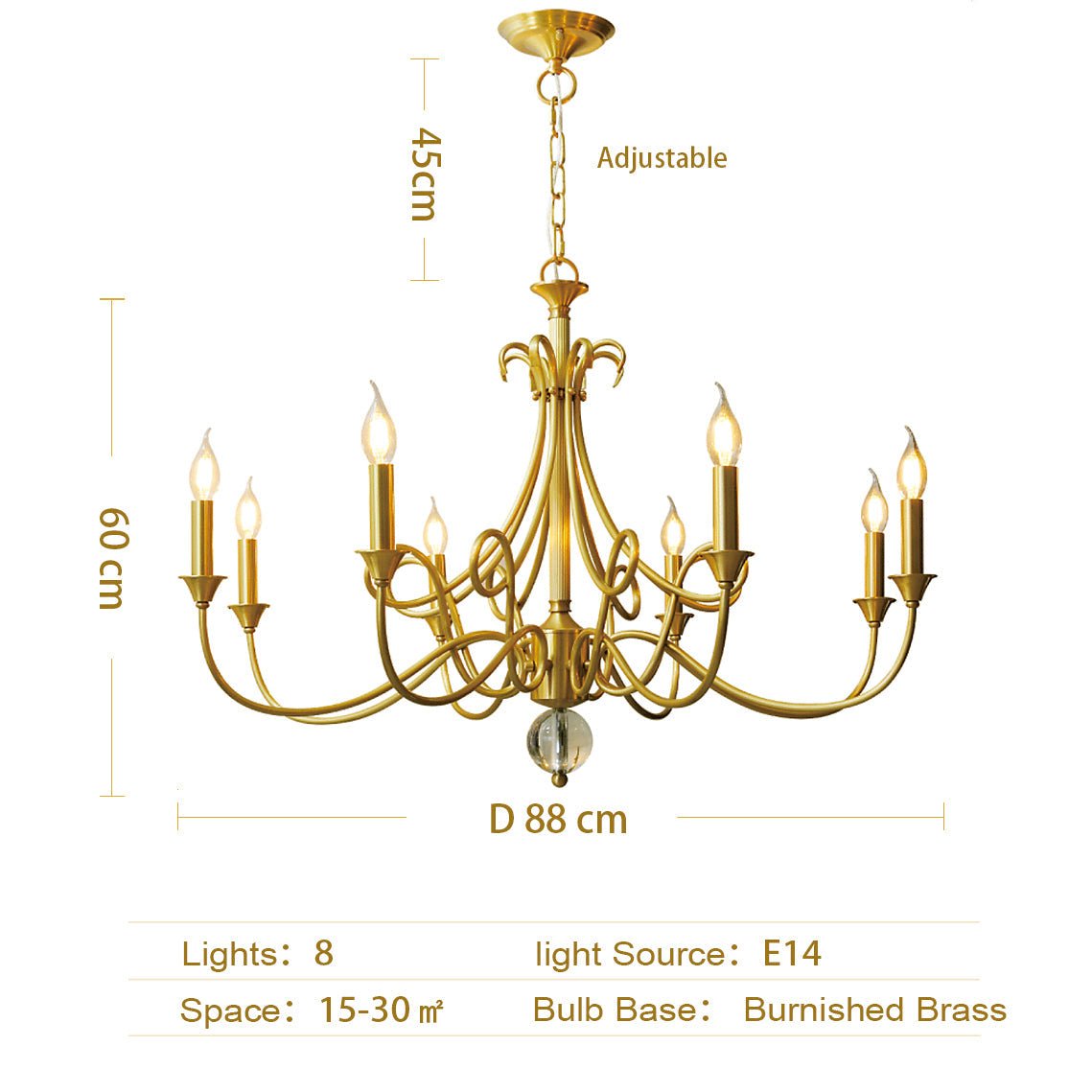 Candle Light Chandelier|Farmhouse Ceiling Fixtures|Natural Brass E14 Adjustable Length-Nobipets