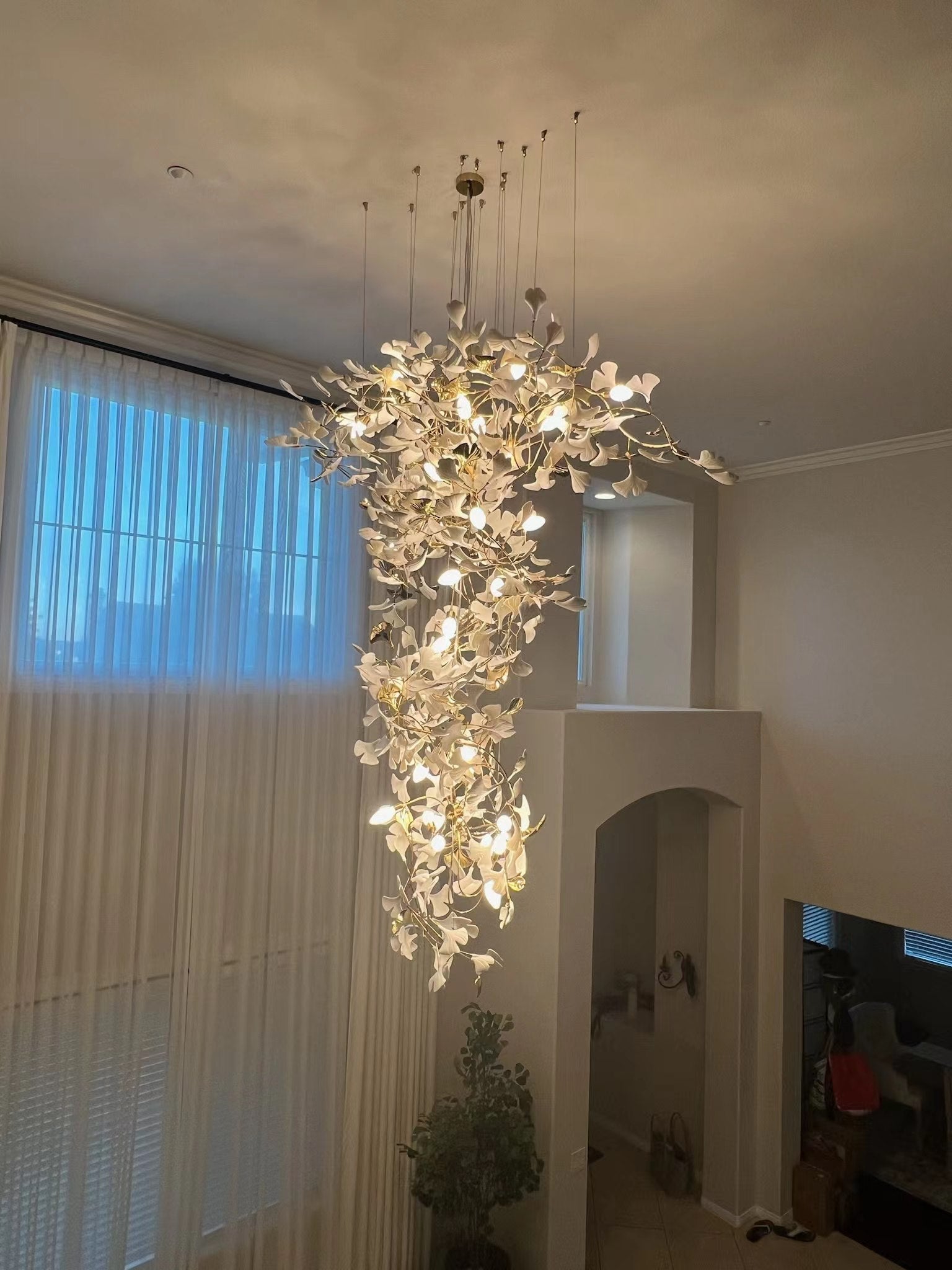 Ceramics Ginkgo Leaves Twig Chandelier Tree Branch Shaped Pendant Light For High Ceiling Living Room Hotel Hall-Nobipets