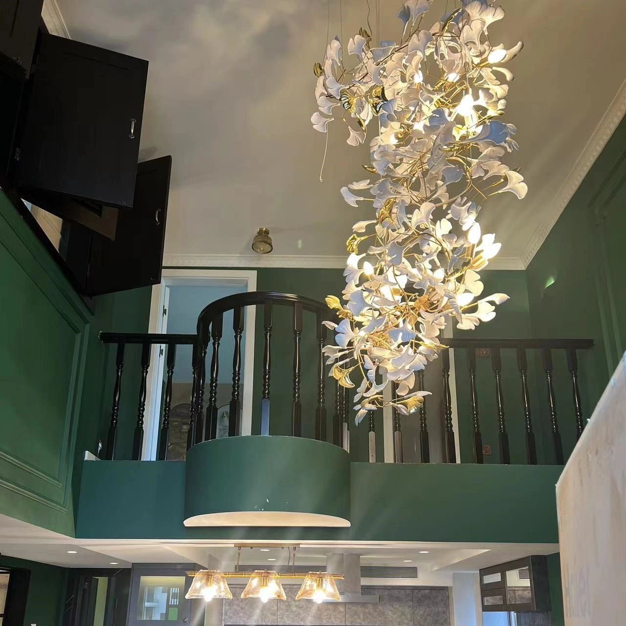 Ceramics Ginkgo Leaves Twig Chandelier Tree Branch Shaped Pendant Light For High Ceiling Living Room Hotel Hall-Nobipets