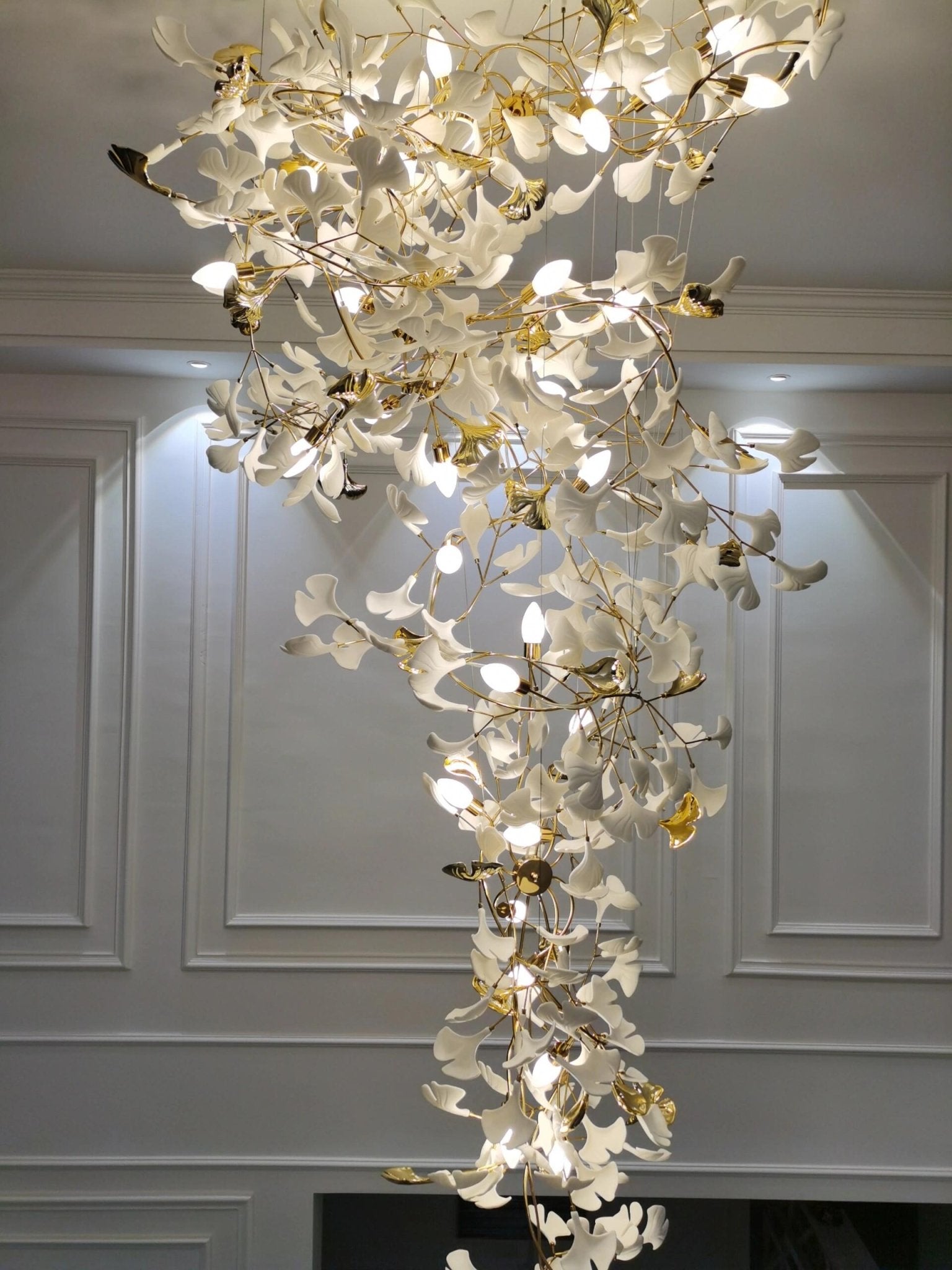 Ceramics Ginkgo Leaves Twig Chandelier Tree Branch Shaped Pendant Light For High Ceiling Living Room Hotel Hall-Nobipets