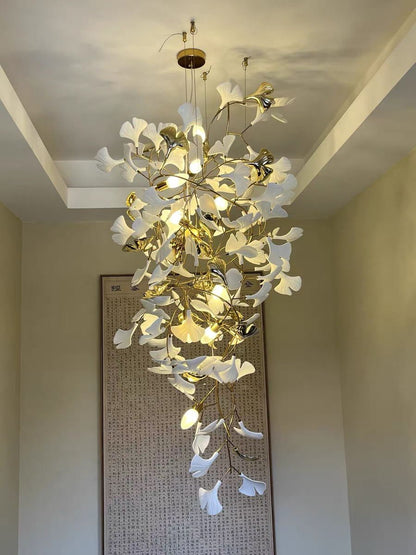 Ceramics Ginkgo Leaves Twig Chandelier Tree Branch Shaped Pendant Light For High Ceiling Living Room Hotel Hall-Nobipets