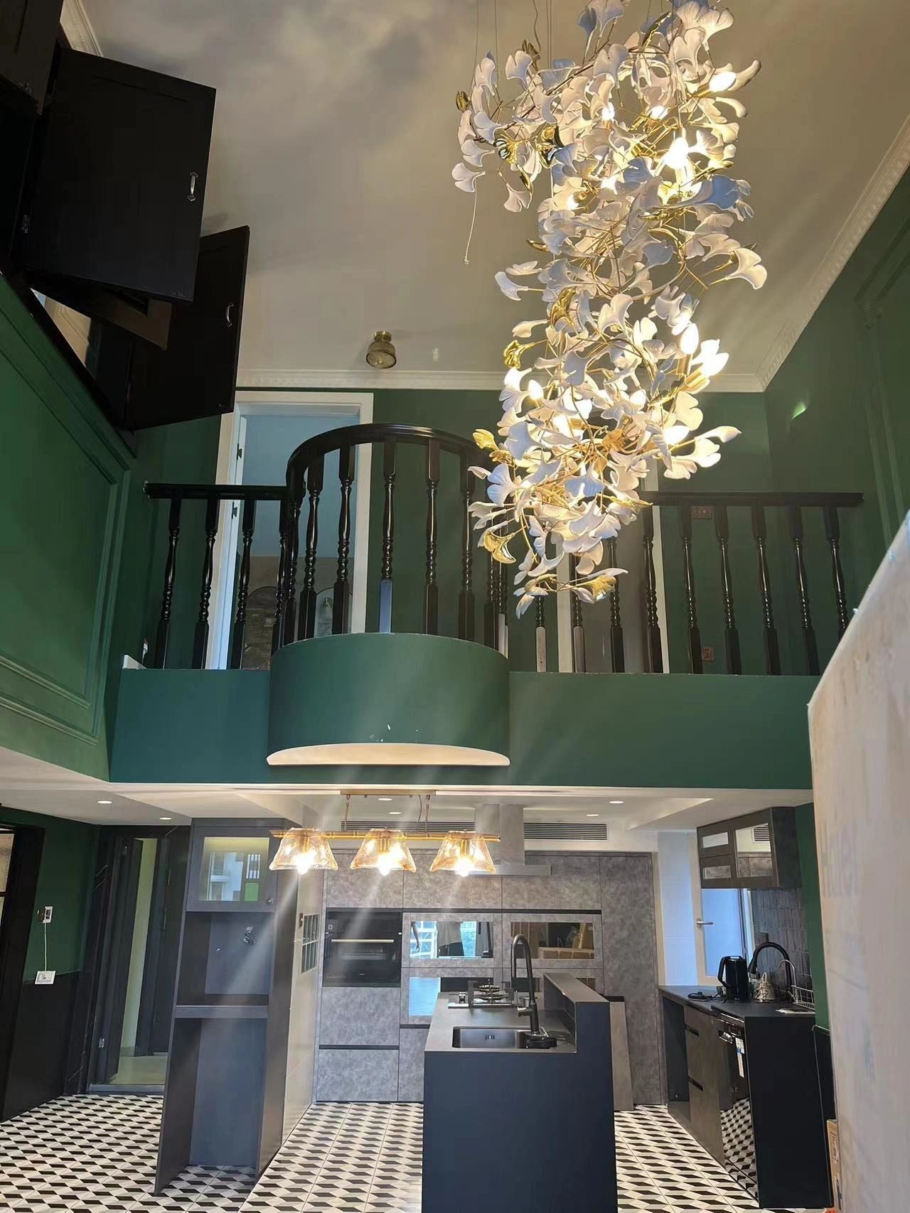 Ceramics Ginkgo Leaves Twig Chandelier Tree Branch Shaped Pendant Light For High Ceiling Living Room Hotel Hall-Nobipets