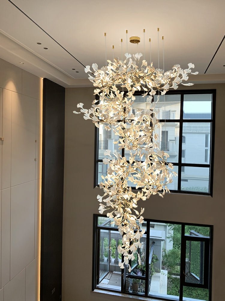 Ceramics Ginkgo Leaves Twig Chandelier Tree Branch Shaped Pendant Light For High Ceiling Living Room Hotel Hall-Nobipets