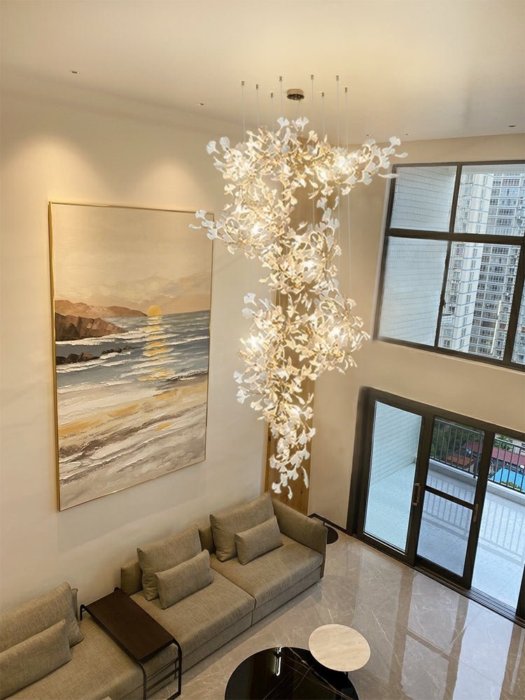 Ceramics Ginkgo Leaves Twig Chandelier Tree Branch Shaped Pendant Light For High Ceiling Living Room Hotel Hall-Nobipets
