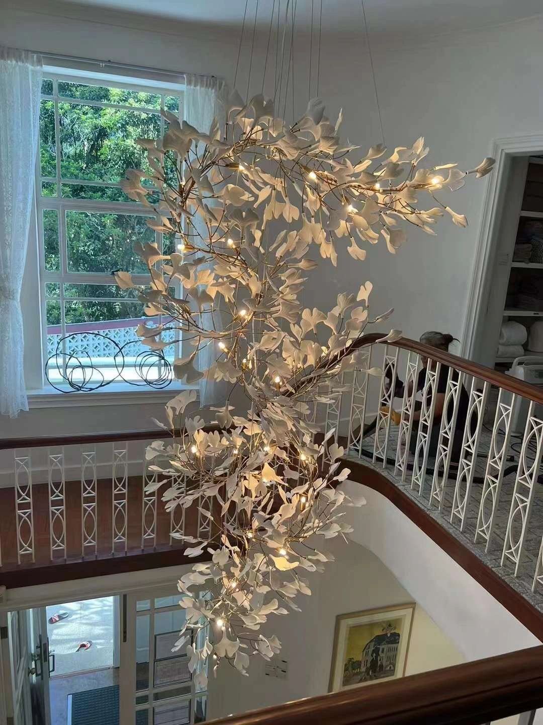 Ceramics Ginkgo Leaves Twig Chandelier Tree Branch Shaped Pendant Light For High Ceiling Living Room Hotel Hall-Nobipets