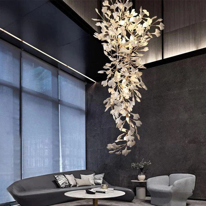 Ceramics Ginkgo Leaves Twig Chandelier Tree Branch Shaped Pendant Light For High Ceiling Living Room Hotel Hall-Nobipets