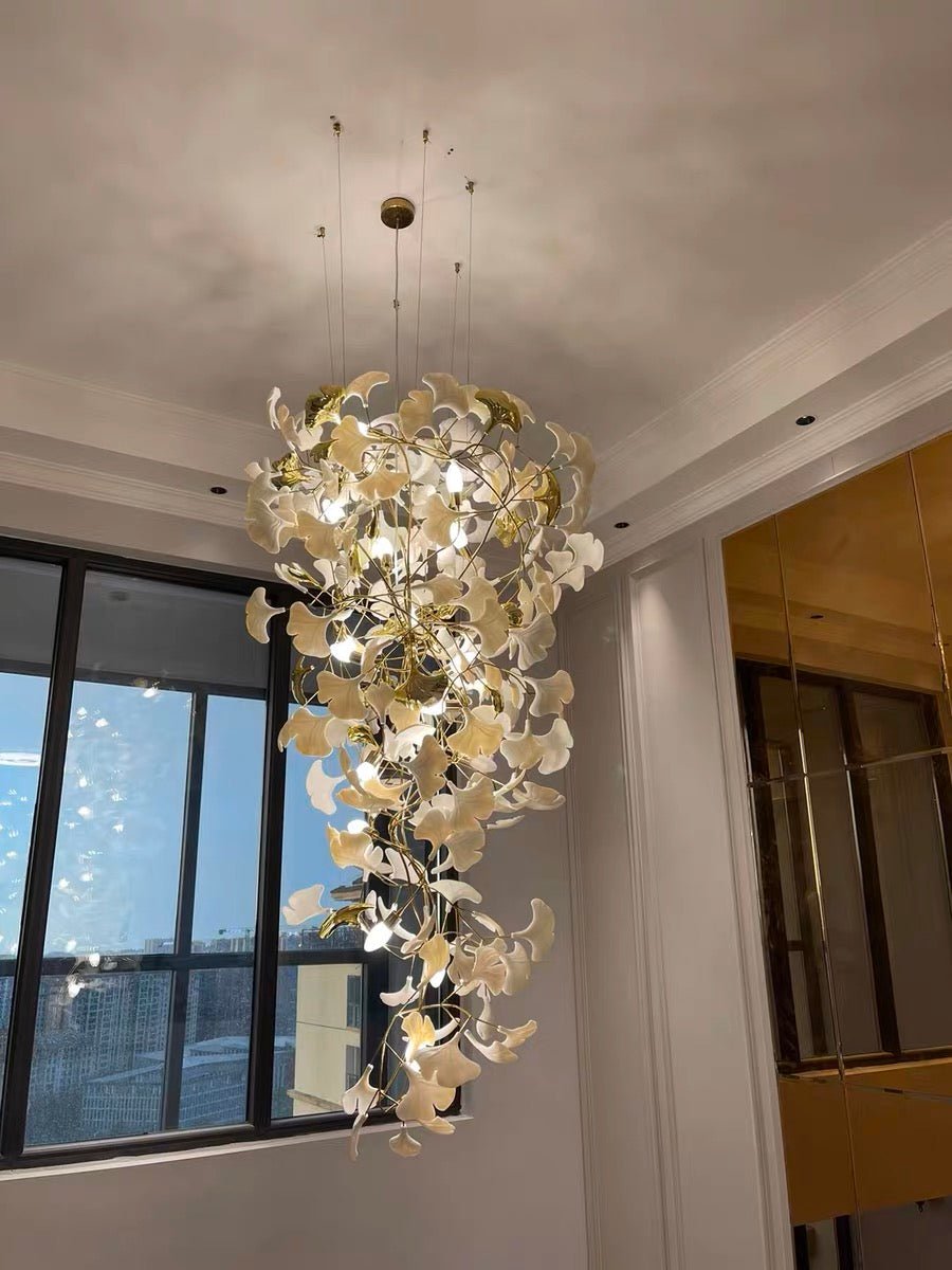 Ceramics Ginkgo Leaves Twig Chandelier Tree Branch Shaped Pendant Light For High Ceiling Living Room Hotel Hall-Nobipets