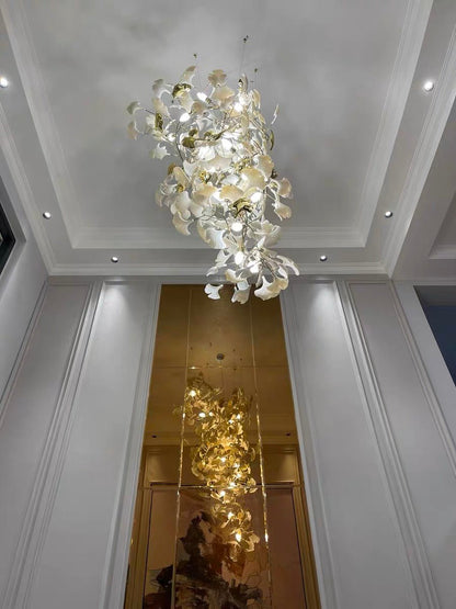 Ceramics Ginkgo Leaves Twig Chandelier Tree Branch Shaped Pendant Light For High Ceiling Living Room Hotel Hall-Nobipets