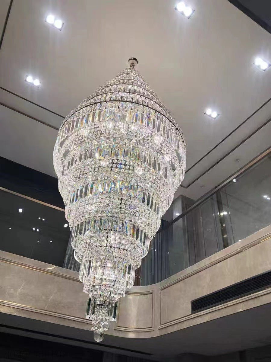 Chrome Extra Large Crystal Chandelier for Foyer Staircase Living Room Entrance Ceiling Light Fixture In Silver-Nobipets
