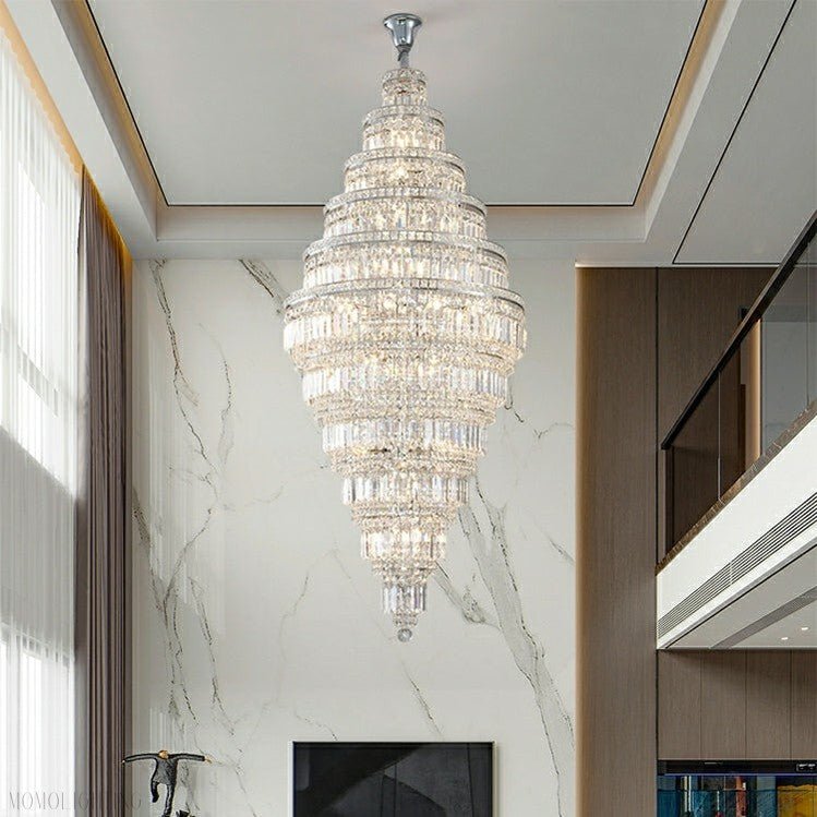 Chrome Extra Large Crystal Chandelier for Foyer Staircase Living Room Entrance Ceiling Light Fixture In Silver-Nobipets
