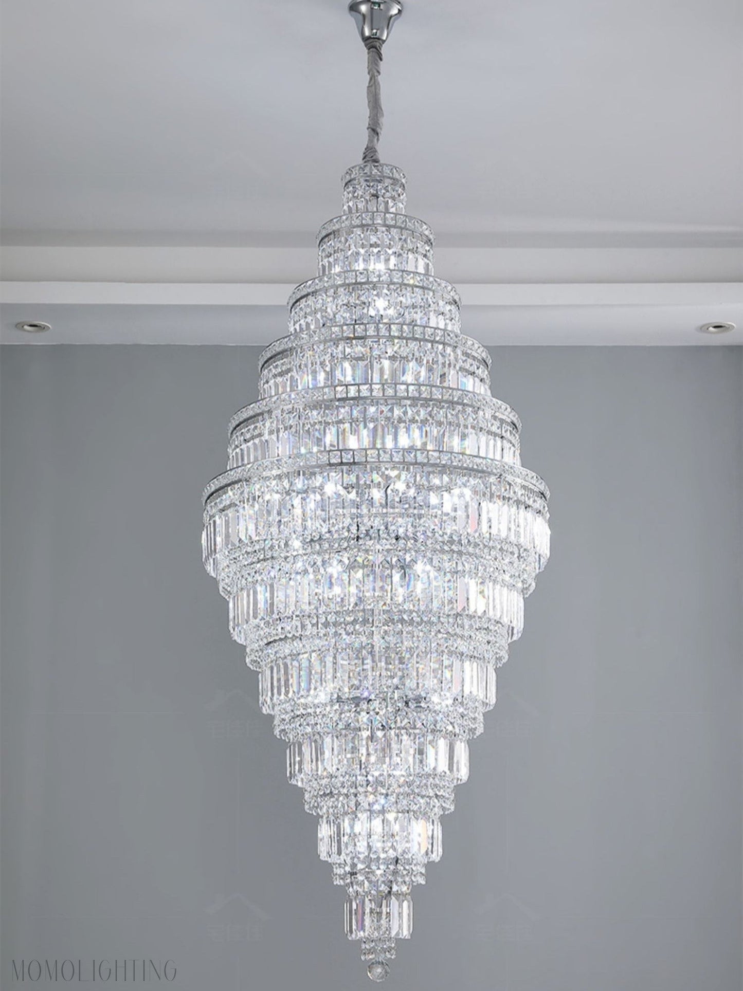 Chrome Extra Large Crystal Chandelier for Foyer Staircase Living Room Entrance Ceiling Light Fixture In Silver-Nobipets
