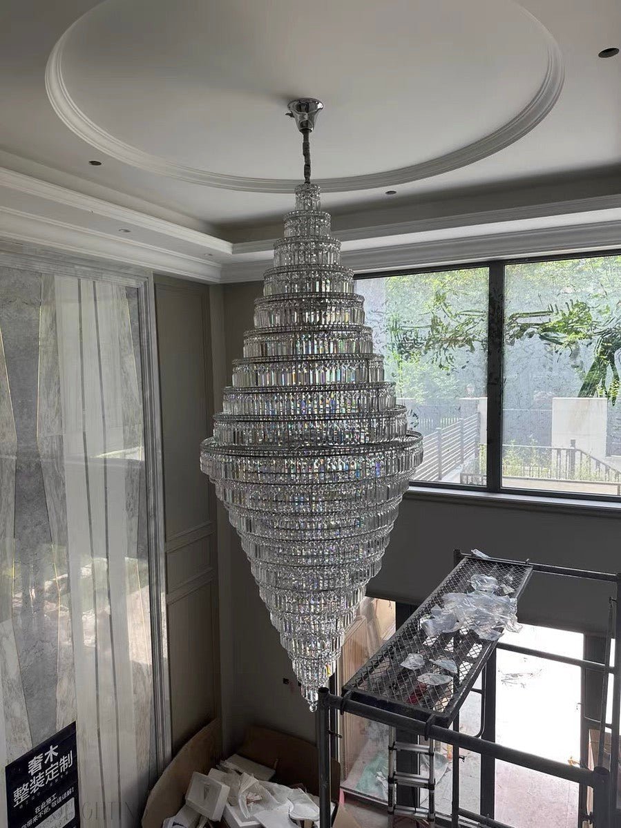 Chrome Extra Large Crystal Chandelier for Foyer Staircase Living Room Entrance Ceiling Light Fixture In Silver-Nobipets