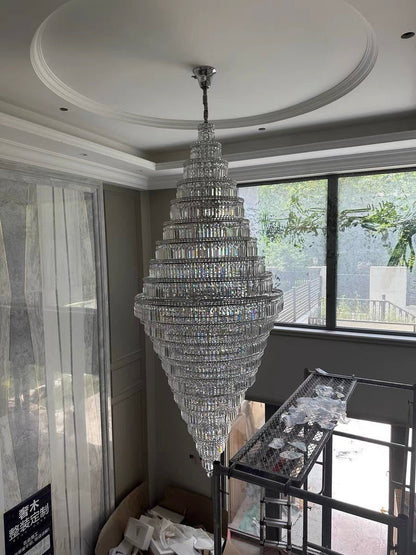Chrome Extra Large Crystal Chandelier for Foyer Staircase Living Room Entrance Ceiling Light Fixture In Silver-Nobipets