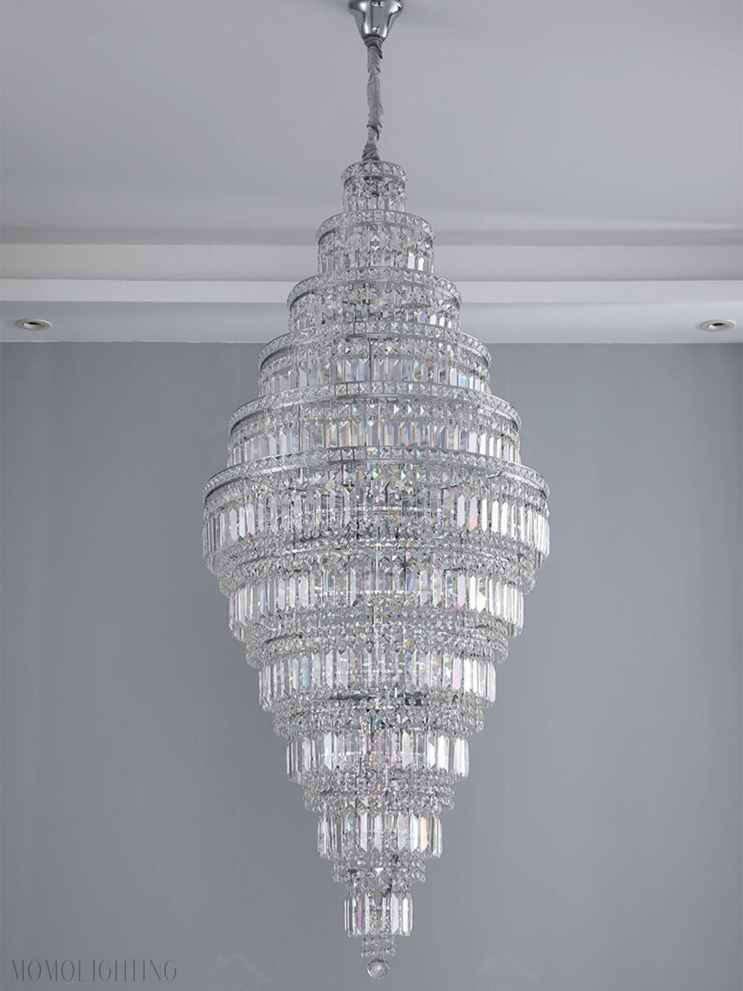 Chrome Extra Large Crystal Chandelier for Foyer Staircase Living Room Entrance Ceiling Light Fixture In Silver-Nobipets