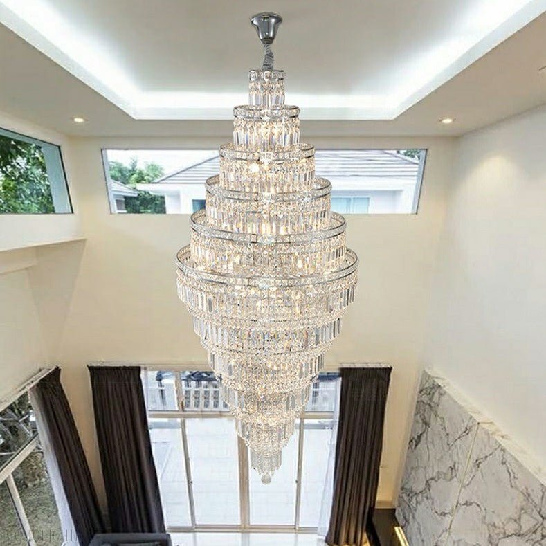Chrome Extra Large Crystal Chandelier for Foyer Staircase Living Room Entrance Ceiling Light Fixture In Silver-Nobipets