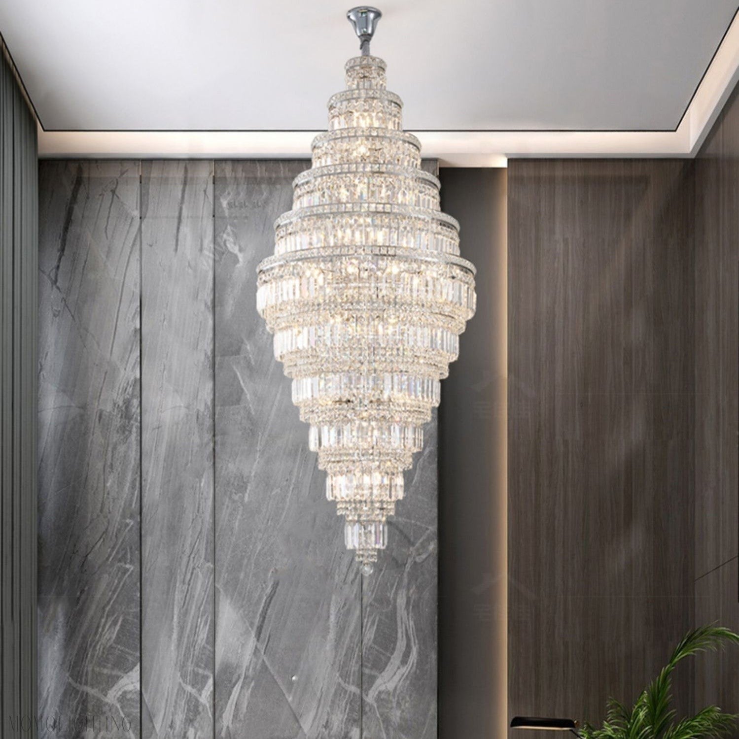 Chrome Extra Large Crystal Chandelier for Foyer Staircase Living Room Entrance Ceiling Light Fixture In Silver-Nobipets
