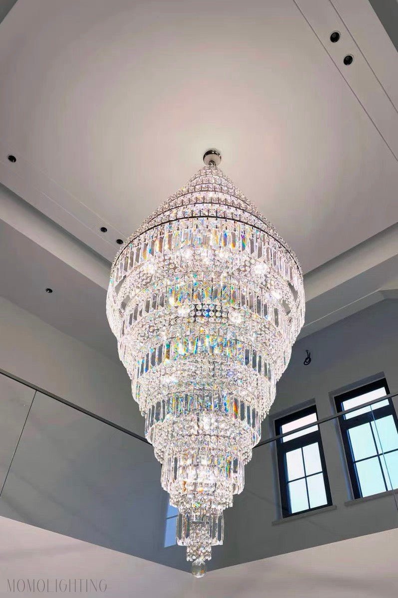 Chrome Extra Large Crystal Chandelier for Foyer Staircase Living Room Entrance Ceiling Light Fixture In Silver-Nobipets