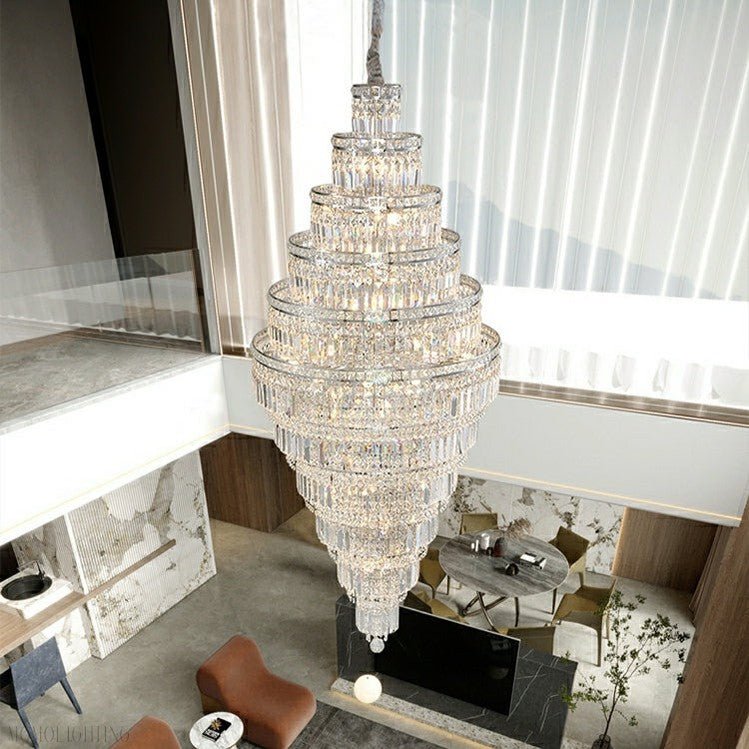 Chrome Extra Large Crystal Chandelier for Foyer Staircase Living Room Entrance Ceiling Light Fixture In Silver-Nobipets