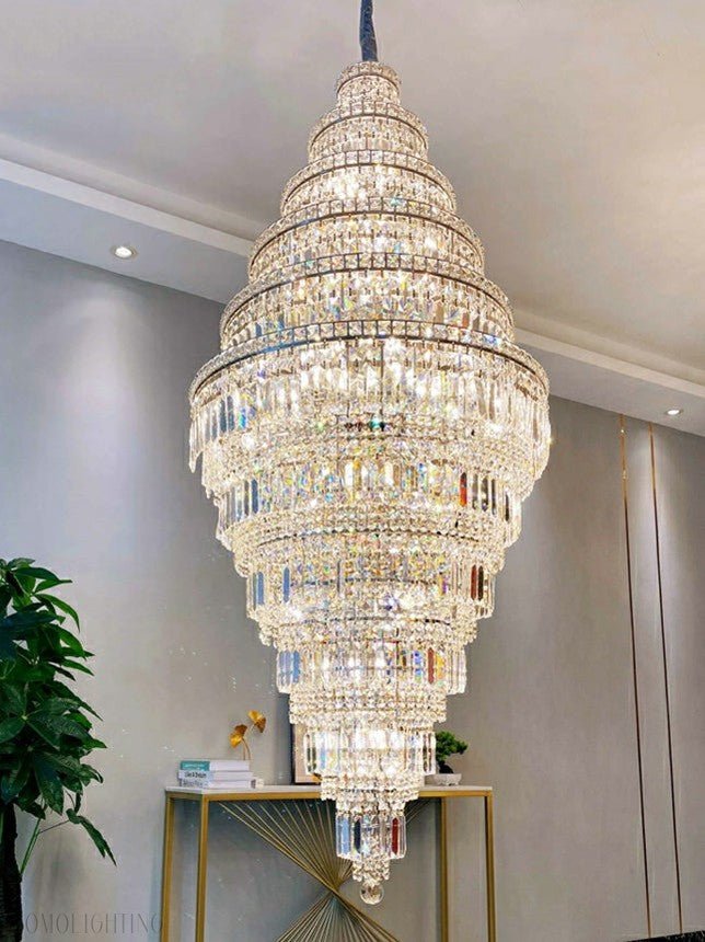 Chrome Extra Large Crystal Chandelier for Foyer Staircase Living Room Entrance Ceiling Light Fixture In Silver-Nobipets