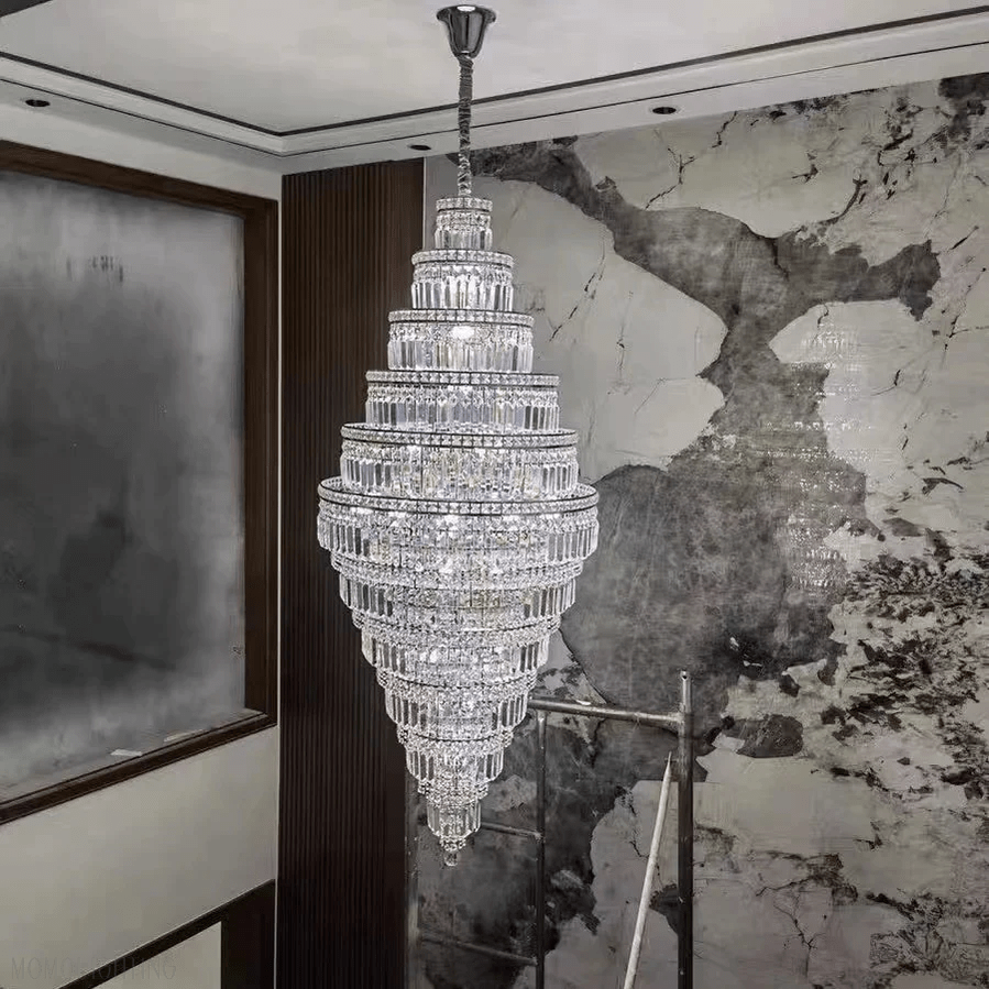 Chrome Extra Large Crystal Chandelier for Foyer Staircase Living Room Entrance Ceiling Light Fixture In Silver-Nobipets