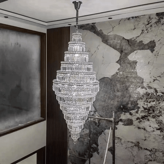 Chrome Extra Large Crystal Chandelier for Foyer Staircase Living Room Entrance Ceiling Light Fixture In Silver-Nobipets