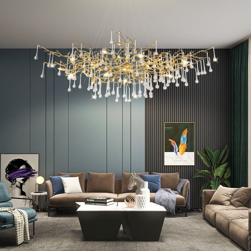 Crystal Teardrop Brass Branch Chandelier-Nobipets