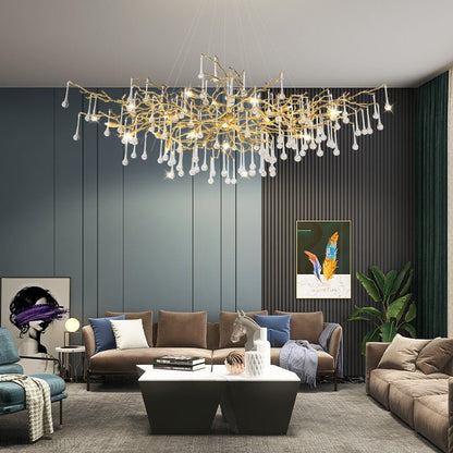 Crystal Teardrop Brass Branch Chandelier-Nobipets