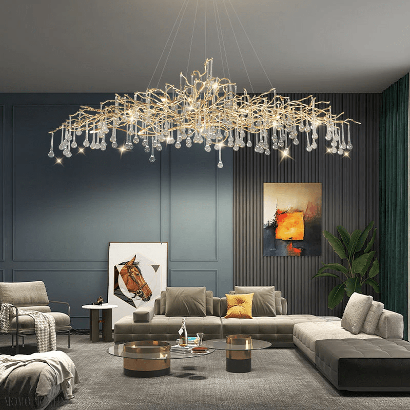 Crystal Teardrop Brass Branch Chandelier-Nobipets