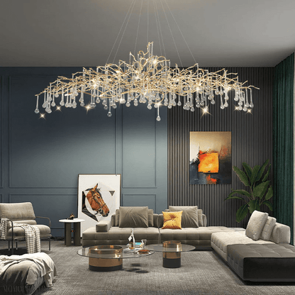 Crystal Teardrop Brass Branch Chandelier-Nobipets