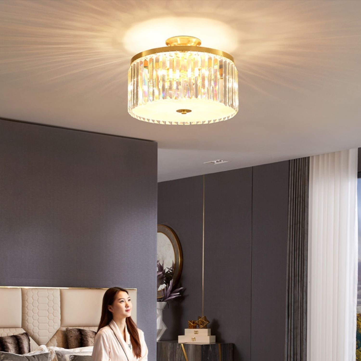 D16" LED Decorative Round Ceiling Lighting Fixture Mini Living/ Bedroom Gold Flush Mount Crystal Chandelier-Nobipets