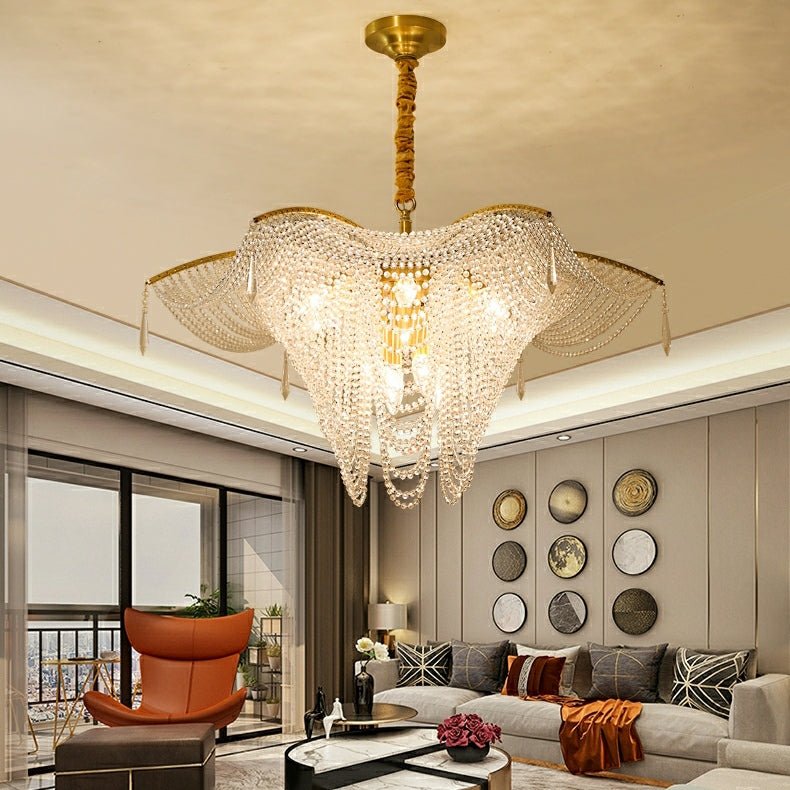 Decorative Beaded Crystal Brass Chandelier Elegant Ceiling Light Fixture For Living Room/ Bedroom-Nobipets