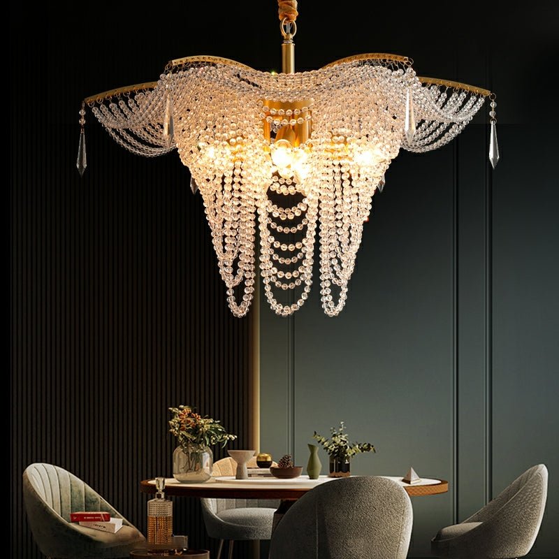 Decorative Beaded Crystal Brass Chandelier Elegant Ceiling Light Fixture For Living Room/ Bedroom-Nobipets