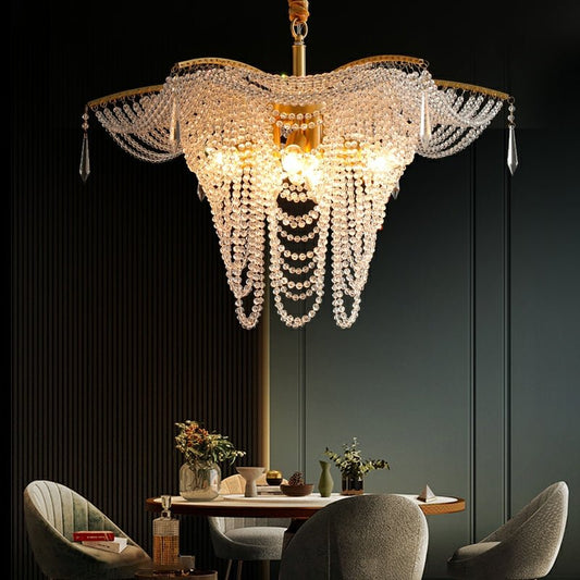 Decorative Beaded Crystal Brass Chandelier Elegant Ceiling Light Fixture For Living Room/ Bedroom-Nobipets