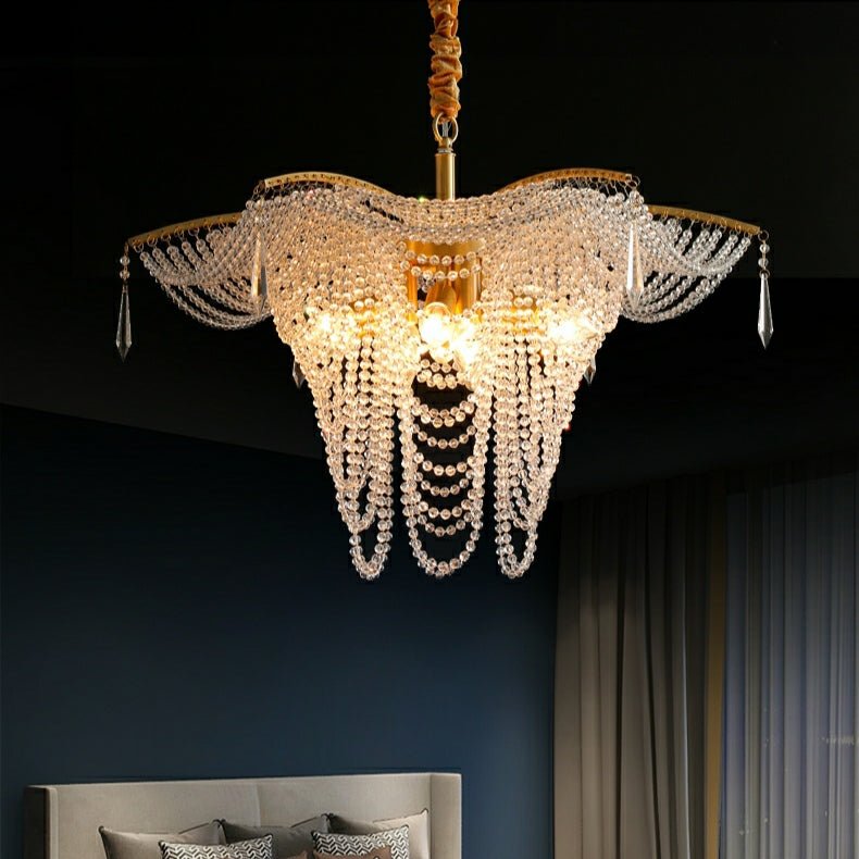 Decorative Beaded Crystal Brass Chandelier Elegant Ceiling Light Fixture For Living Room/ Bedroom-Nobipets