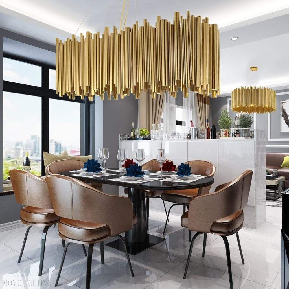Dore Brass Tubular Rectangle Chandelier 32" 39"-Nobipets