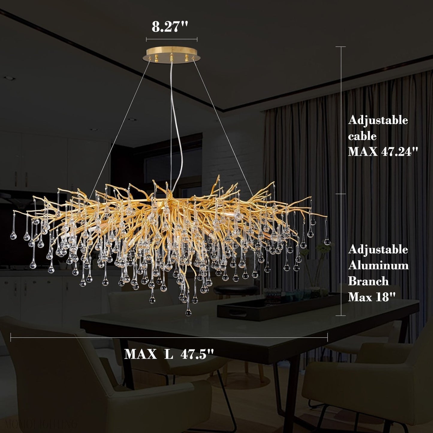 Doris Crystal Rectangular Branch Chandelier L45"-Nobipets
