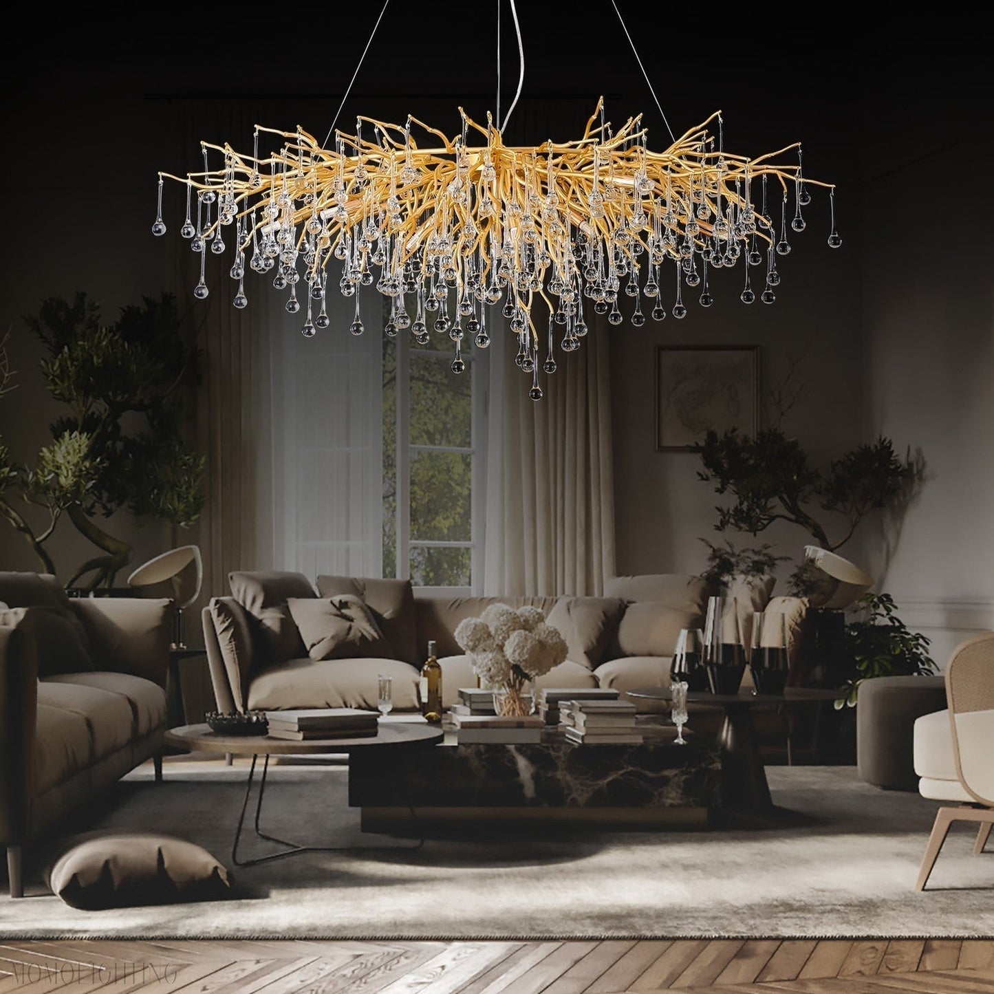 Doris Crystal Rectangular Branch Chandelier L45"-Nobipets