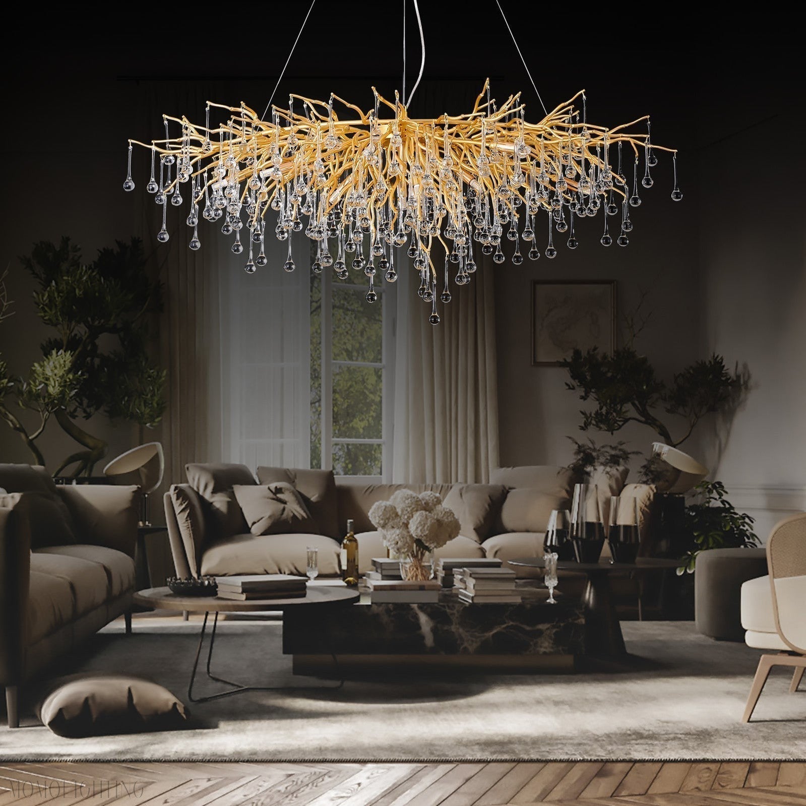 Doris Crystal Rectangular Branch Chandelier L45"-Nobipets