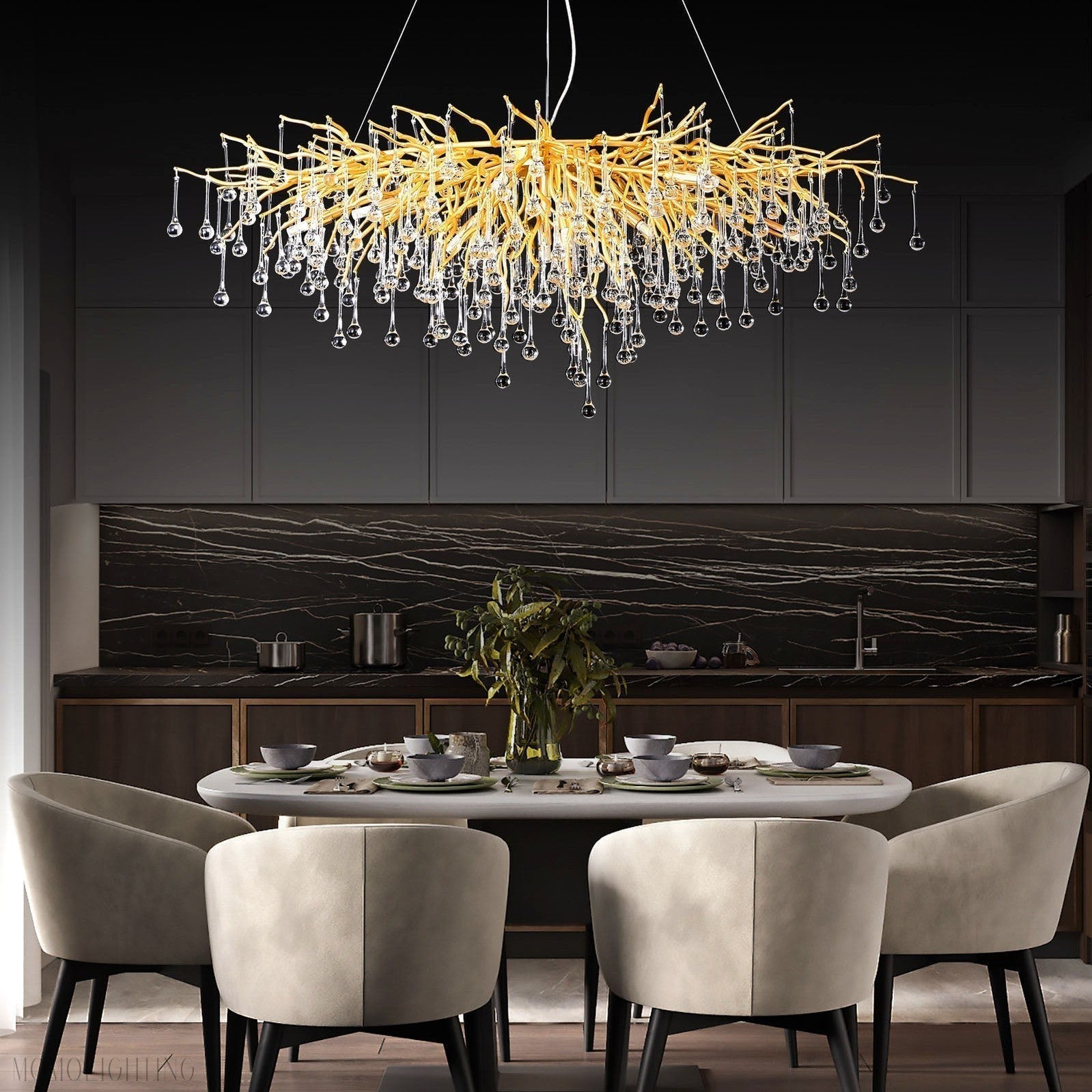 Doris Crystal Rectangular Branch Chandelier L45"-Nobipets