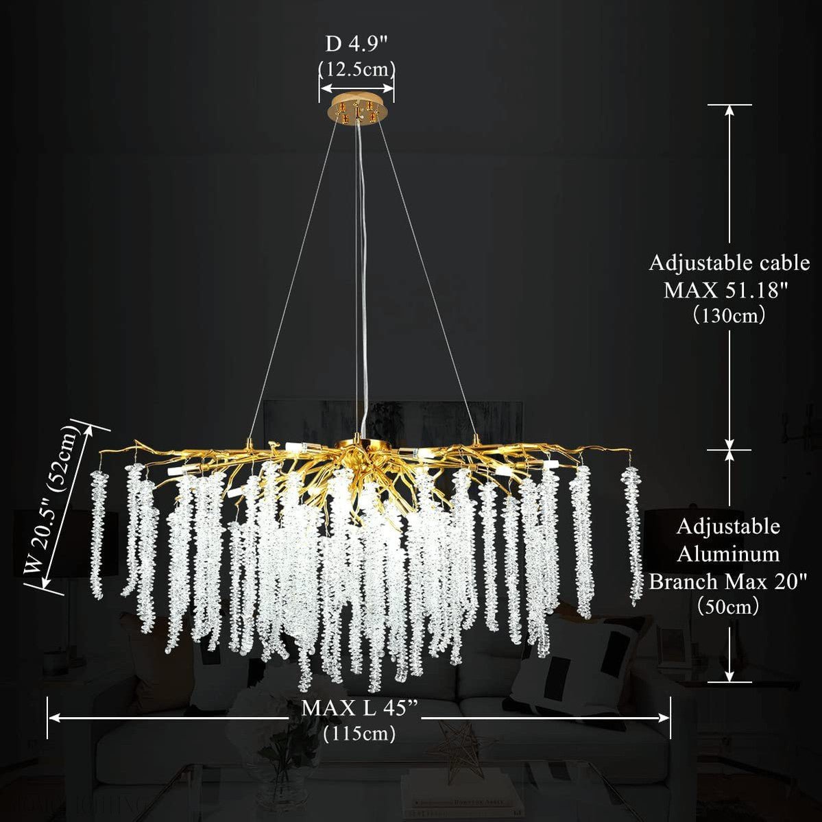 Doris White Crystal Rectangle Branch Chandelier Gold 45"L-Nobipets